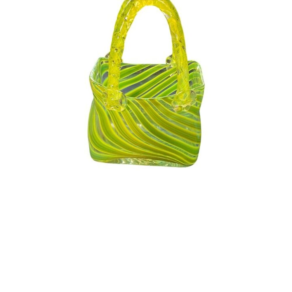 Handblown Glass Tote-Style Decorative Bag With Green & Yellow Swirl Design